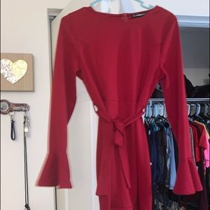 Long sleeve red dress.